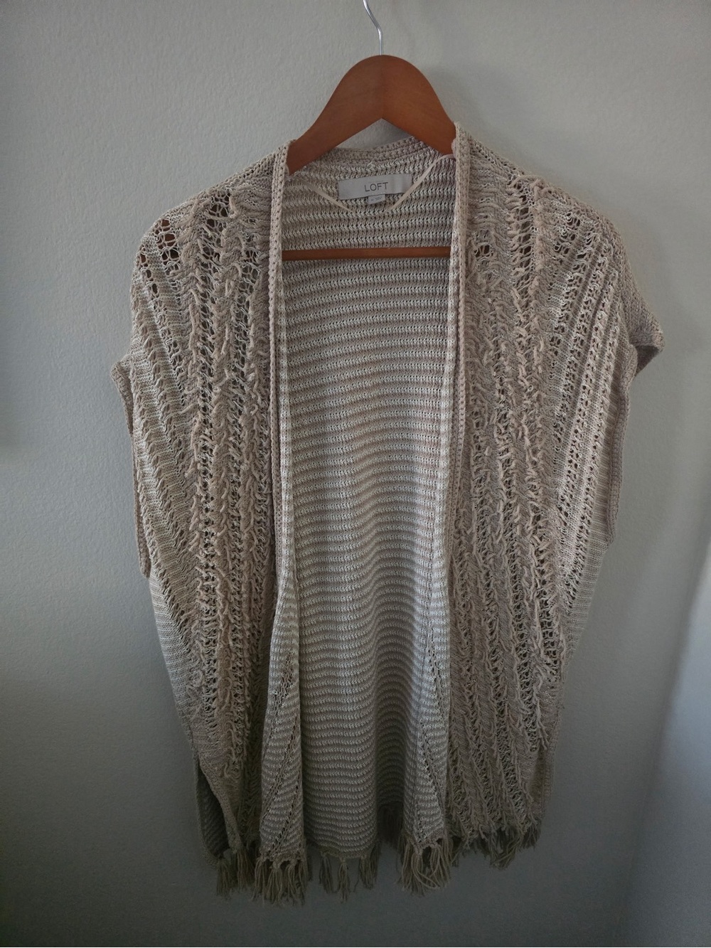 LOFT Open-Front Fringe Cardigan - Light Beige